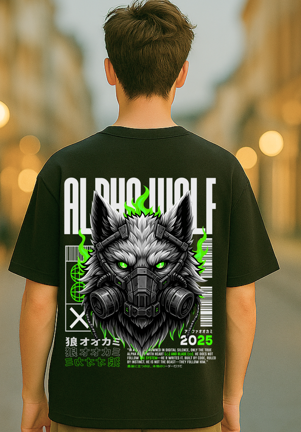 Alpha Wolf Oversized Black T-Shirt – Cyberpunk Wolf